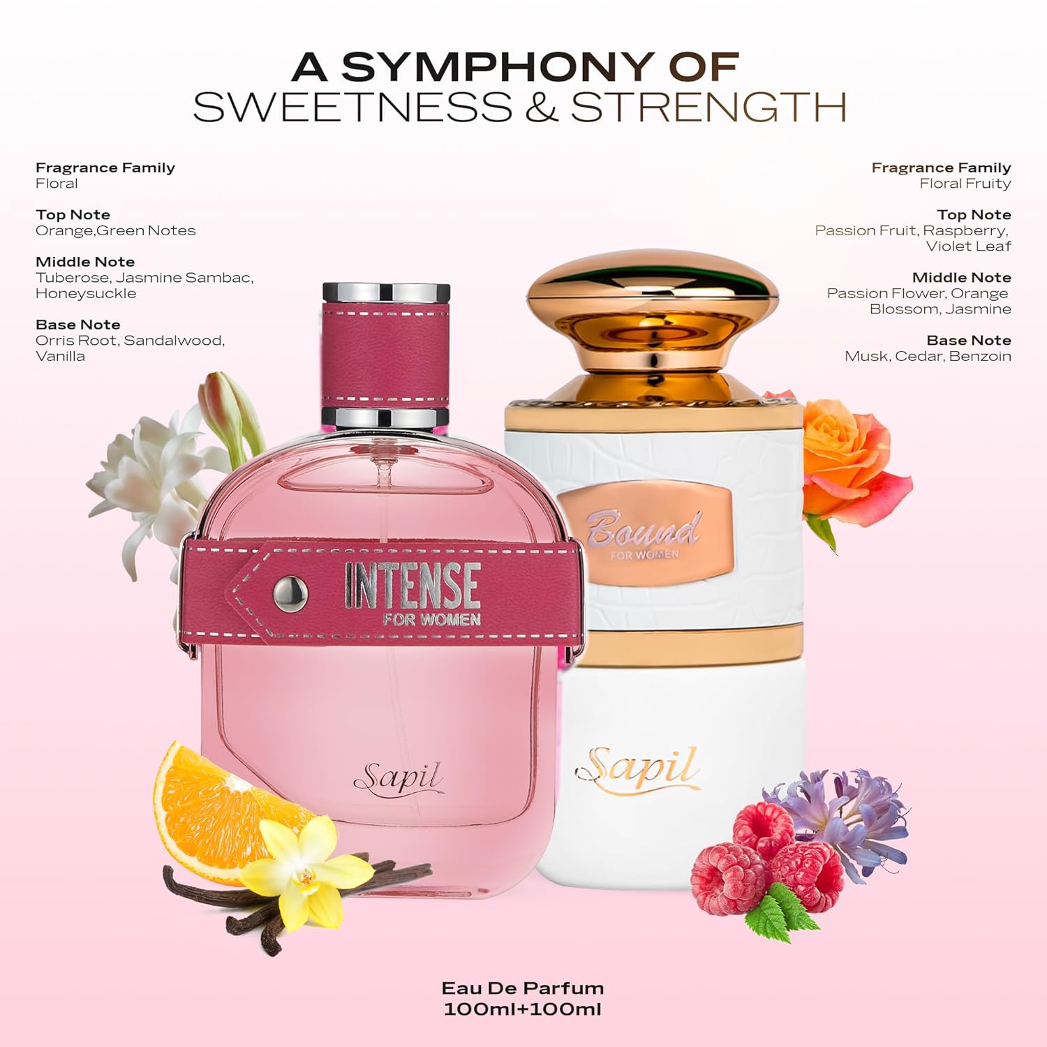 Sapil Intense & Bound Women’s Fragrance Duo - 3.4 oz Each EDP - Long-Lasting Fruity-Floral & Radiant Floral Scents - Gift Set of Dubai Luxury Perfumes - Image 2