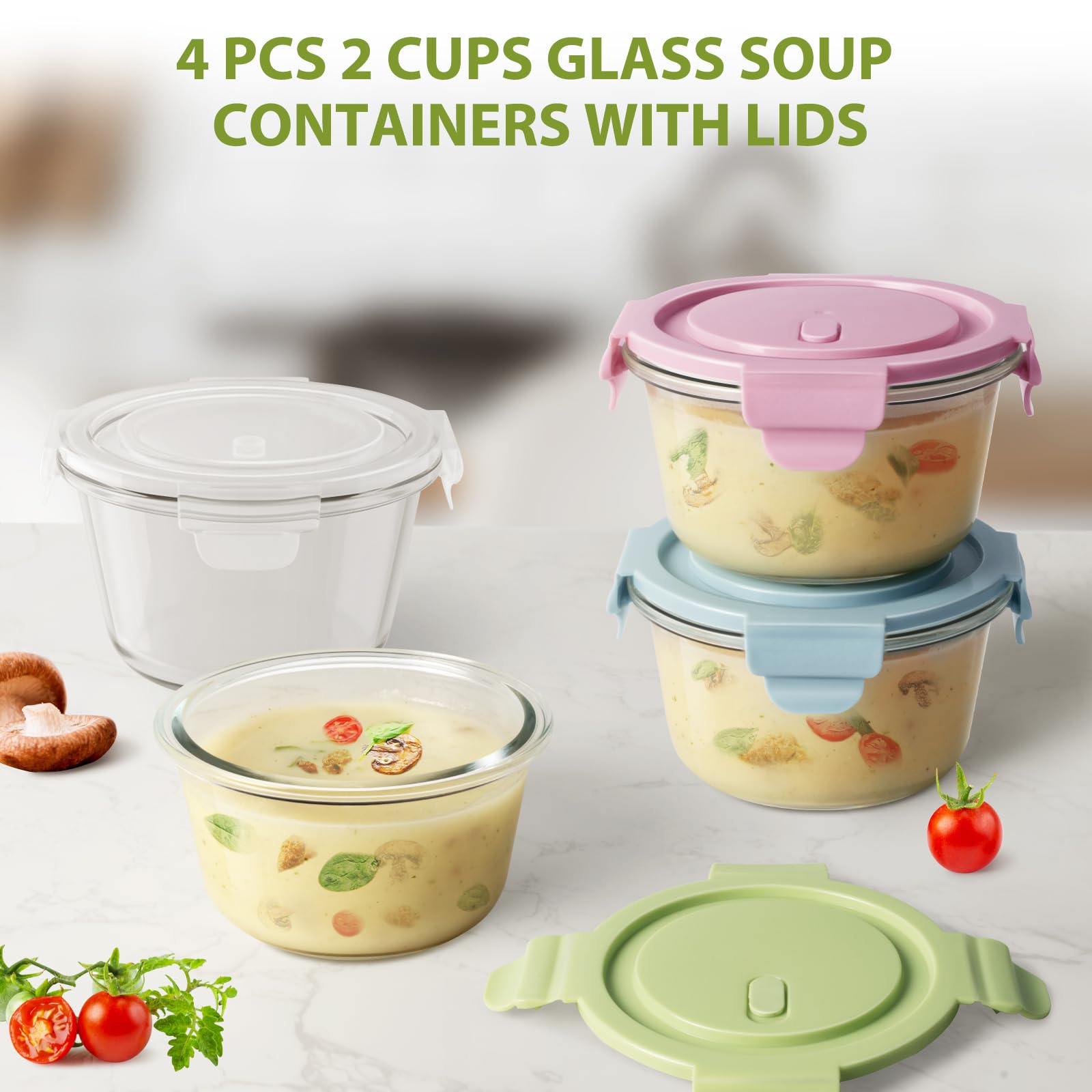 Juego de 8 recipientes de vidrio para preparación de comidas con tapas, herméticos, 2 tazas, recipientes de vidrio resistentes al calor, sin BPA, para sobras de sopa, microondas, lavavajillas y