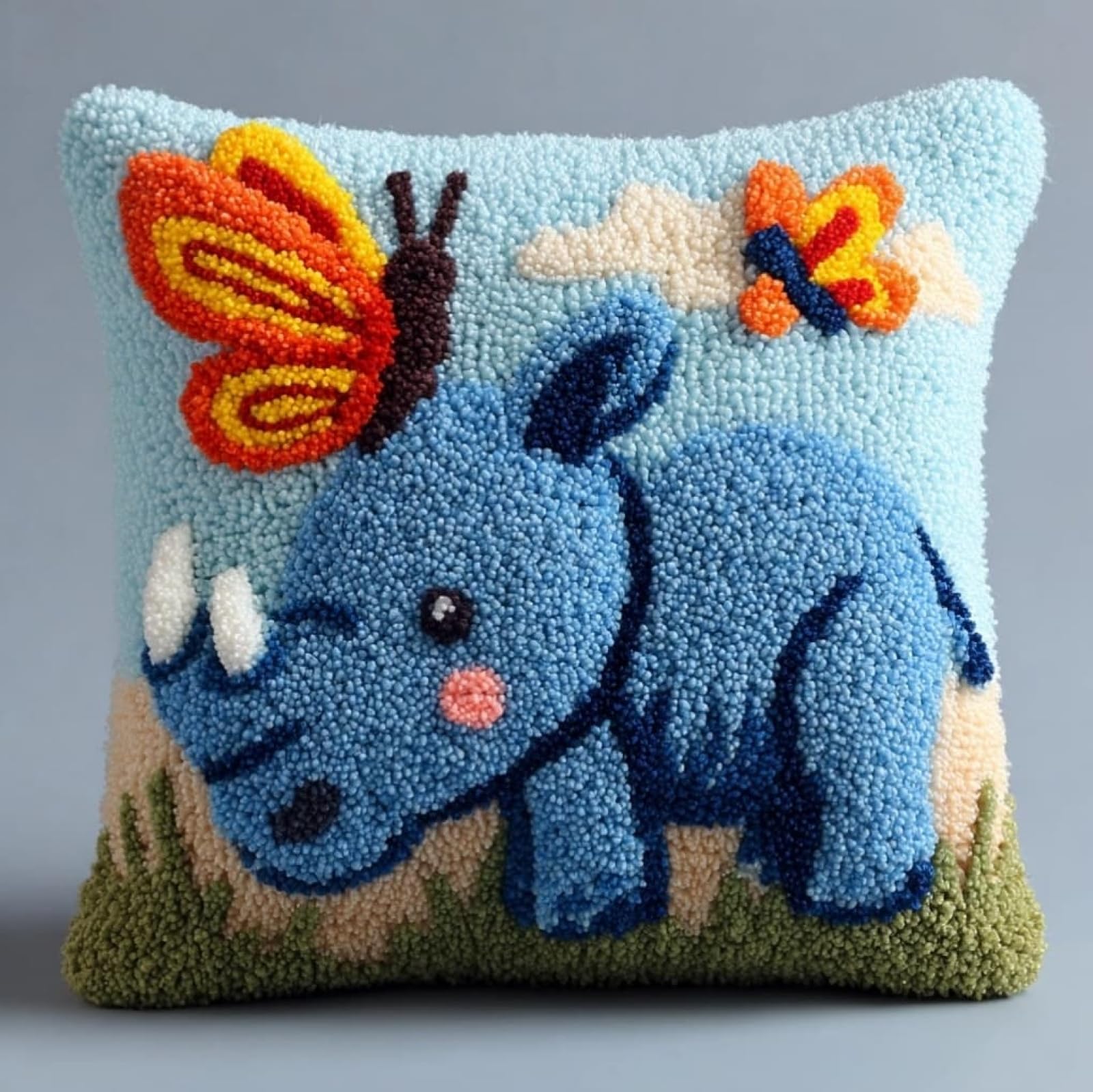 AxiangziK Latch Hook Cushion Kit 17x17 Inch,Rhinoceros and Butterfly DIY Pillow Cover Craft Set - Unique Home Decor Gift for Women/Men