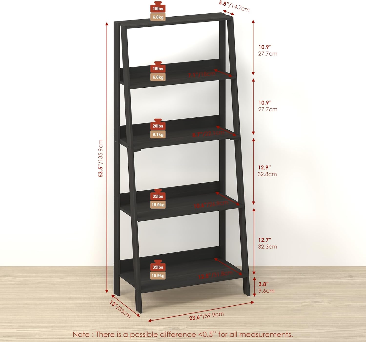Narita Ladder Shelf, 5-Tier Bookshelf, Freestanding Bookcase Storage Rack Organizer, for Home Office, Living Room, Bathroom, Ebony