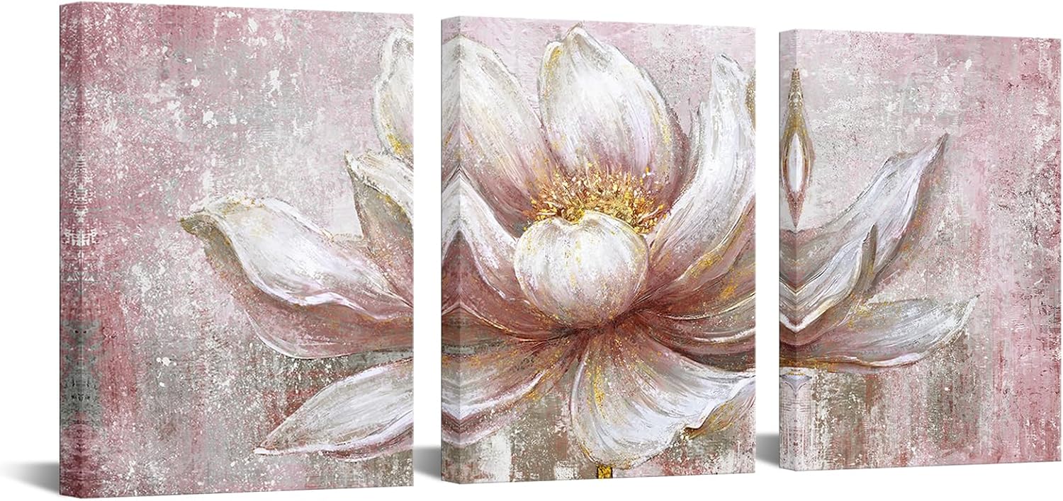 iKNOW FOTO Pink Gold Lotus Canvas Set of 3 Wall Art Framed Flowers Paintings Wall Pictures Abstract Artwork Painting for Bedroom Office Home Decor Ready to Hang 12x16 Each
