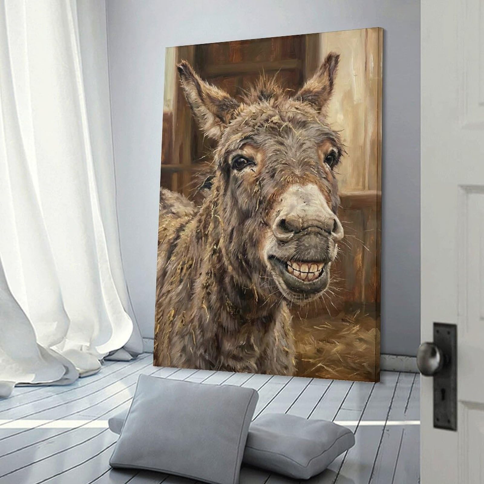 Junmoney Frame-Style-23 Close-Up Painting Of A Smiling Donkey Wall Art Print, 24X36inch(60X90cm), For Living Room, Bedroom, Office Or Hallway, A Flexible Wall Accent For Shared Spaces