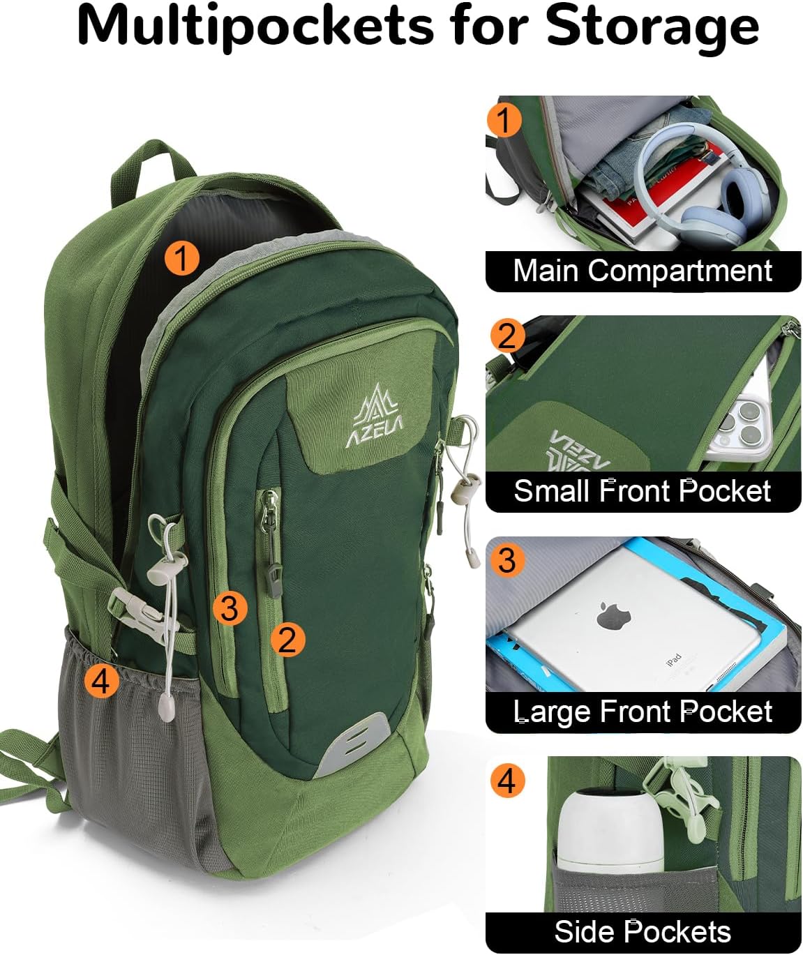 20L Small Reflective Hiking Backpack with Padded Straps for Men Women, Lightweight Travel Daypack, Green - Image 3