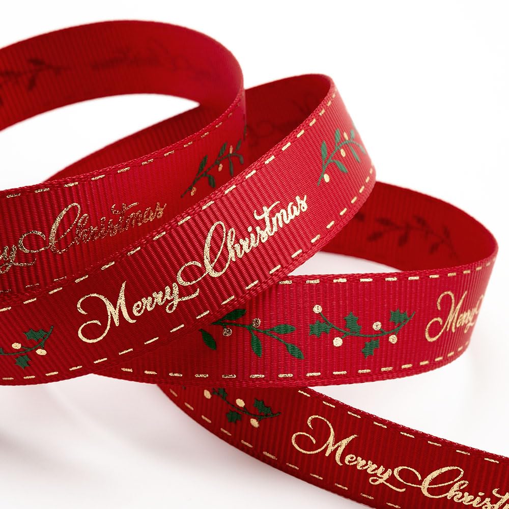 Italian Options Red/Gold Merry Christmas Holly Grosgrain Ribbon, Christmas Ribbon for Crafts, Gift Wrapping, Wreaths, Decorations, Hair Bows, Red, Gold Foil, 16 mm x 5 Metre Roll