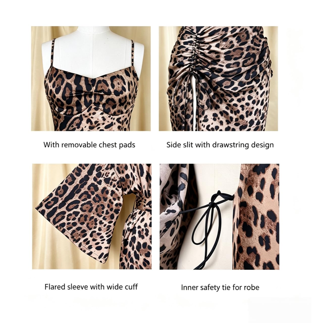 Babydoll in Pizzo Completo da Donna in Due Pezzi con Canotta Spacco Alto E Maniche A Lanterna con Stampa Leopardata.
