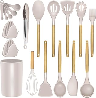 Silicone Kitchen Cooking Utensils Set - Heat Resistant/Non-stick/Non Toxic/BPA Free Silicon Spoons Spatula Whisk Tongs Wooden Handle Kitchen Gadgets Utensil Set with Holder (Khaki)