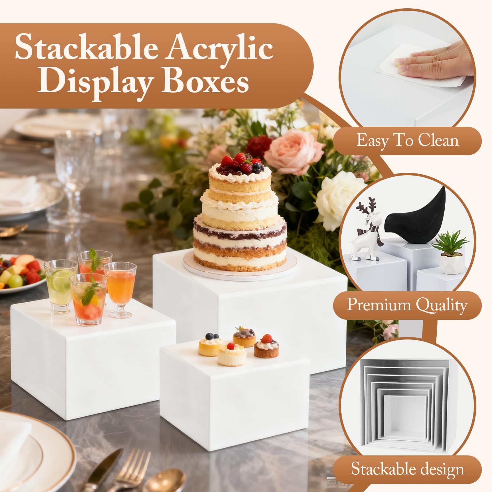 14 alzate impilabili per buffet in acrilico, 6 misure, con 6 mini cartelli e 2 penne, display da tavolo con fondo cavo, per feste, compleanni e matrimoni (13-26 cm