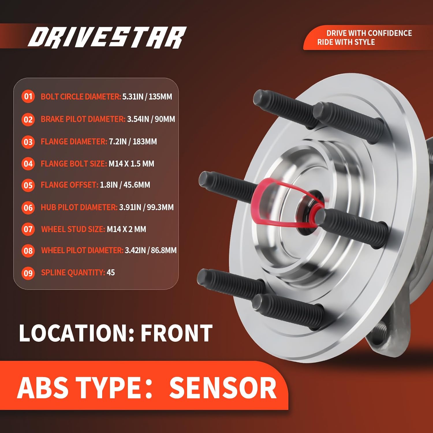 DRIVESTAR 515095 4WD Front Wheel Hub & Bearing for 2007-2010 Ford Expedition Navigator/Lincoln Navigator