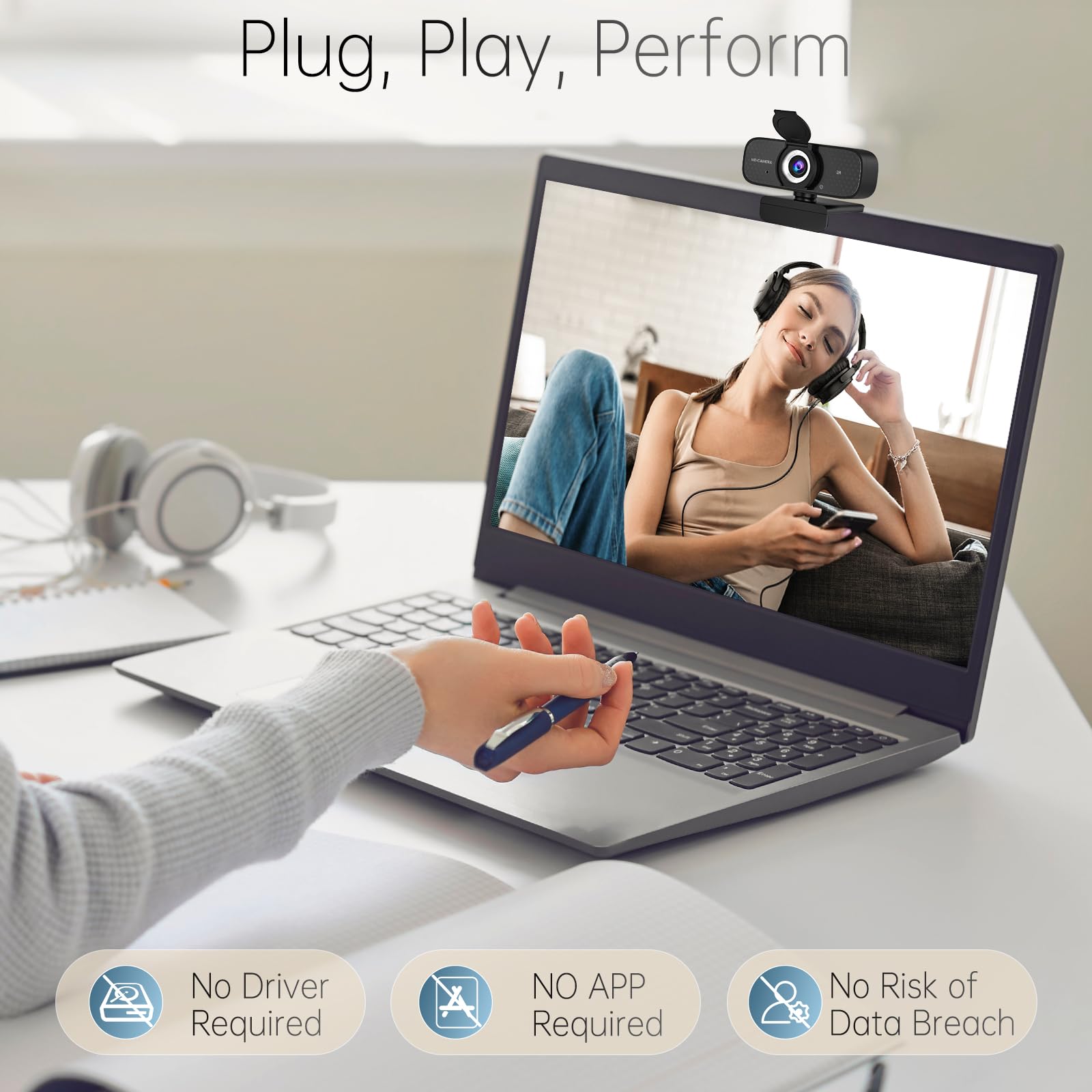 TRAUSI Cámara web HD 2K con lente gran angular, cubierta de privacidad, corrección automática de luz y micrófono con cancelación de ruido, cámara USB Plug & Play para Mac/portátil/PC, compatible con