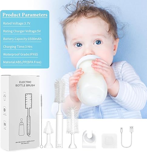 Miniatura 7 de Cepillo eléctrico para biberón, cepillo de limpieza recargable con diseño impermeable y montado en la pared, botella de siliconachupetecepillo para