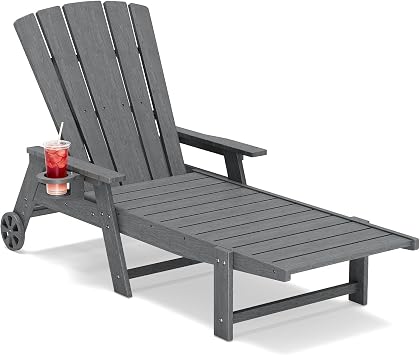 Outdoor Lounge Chair,HDPE 3-Position Adjustable Chaise Lounge Outdoor with Rolling Wheels & Cup Holder,All-Weather Heavy-Duty Pool Lounge Chairs for Poolside,Patio,Grey