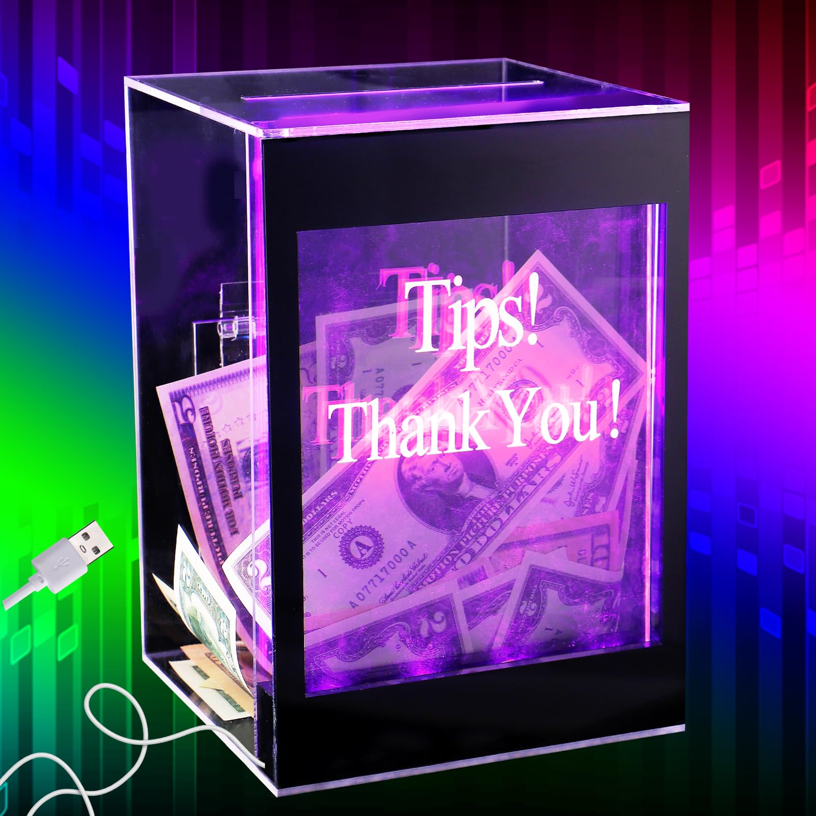 Light Up Acrylic Donation Ballot Box - 20 Colors Changing Tip Jar for Money with Remote, Lock, Key and Sign Holder- Raffle Suggestion Comment Vote Ticket Tip Box for Bartender Restaurant Band (USB)