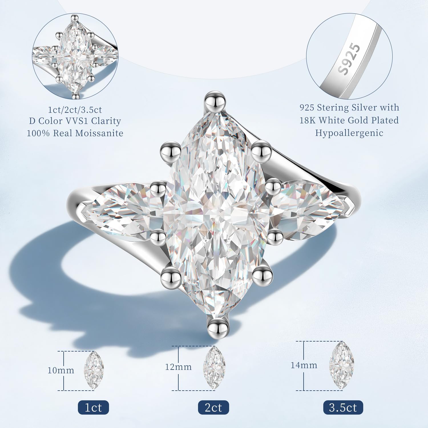 4CT 3 Stone Moissanite Engagement Ring for Women, Marquise Cut D Color VVS1, 925 Sterling Silver with 18K White Gold Plated, Anniversary Promise Ring for Her, Wedding Ring with Gift Box - Image 2