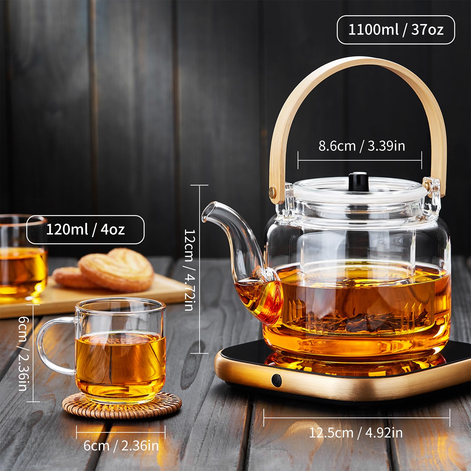 MESNEY Teekanne mit Siebeinsatz 1100ml – Teekanne Set mit 4 Tassen – Borosilikatglas Glaskanne Tee für losen Tee – Hitzebeständig und Tropffrei