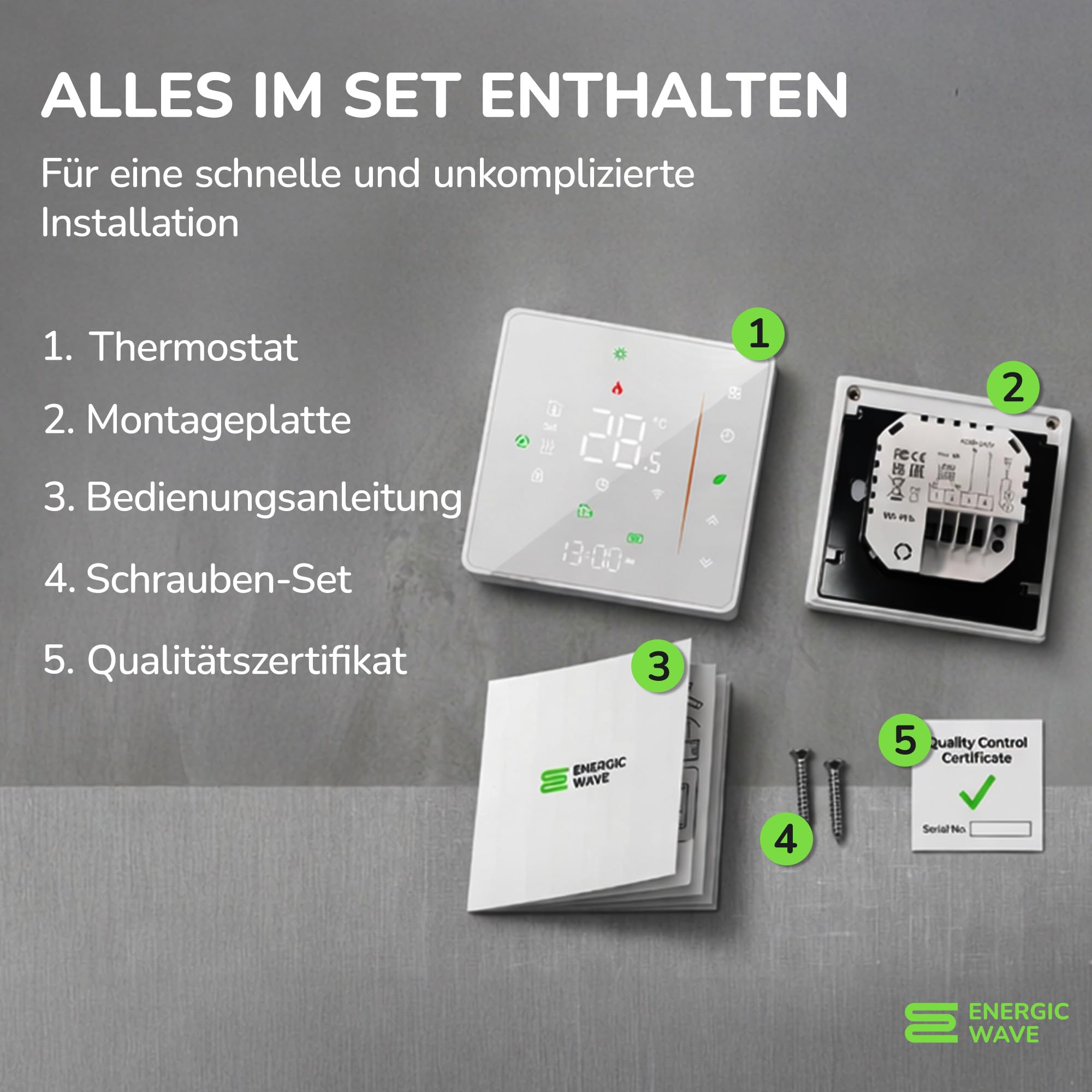 Thermostat für Elektrische Fußbodenheizung - Smart WIFI Programmierbar Raumthermostat Kompatibel mit TUYA, Google Home und SmartLife - 16A 60 mm Unterputz Bodenfühler