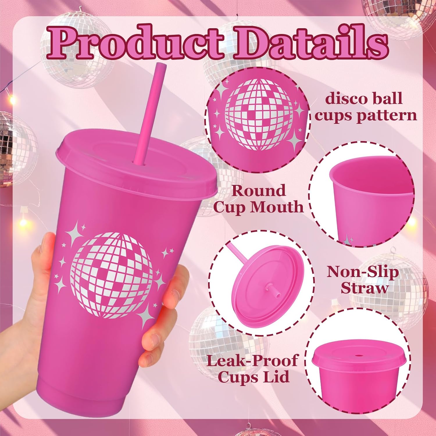 16 Pcs Disco Party Favors 24 oz Disco Ball Cups with Lids and Straws Reusable Plastic Bachelorette Cup 70s 80s 90s for Cowgirl Birthday Wedding Bridal Shower Dance Party Supplies (Rose Red)