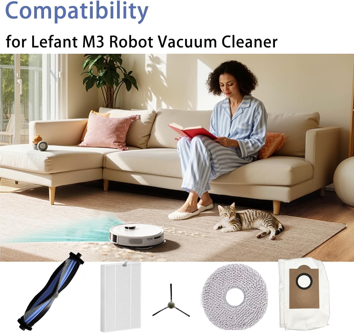 25 Pack Replacement Parts for Lefant M3 Robot Vacuum Cleaner Accessories, 2 Main Brush, 6 Side Brushes, 4 Mop Pads, 6 Filters, 6 Dust Bags,1 Cleaning Brush