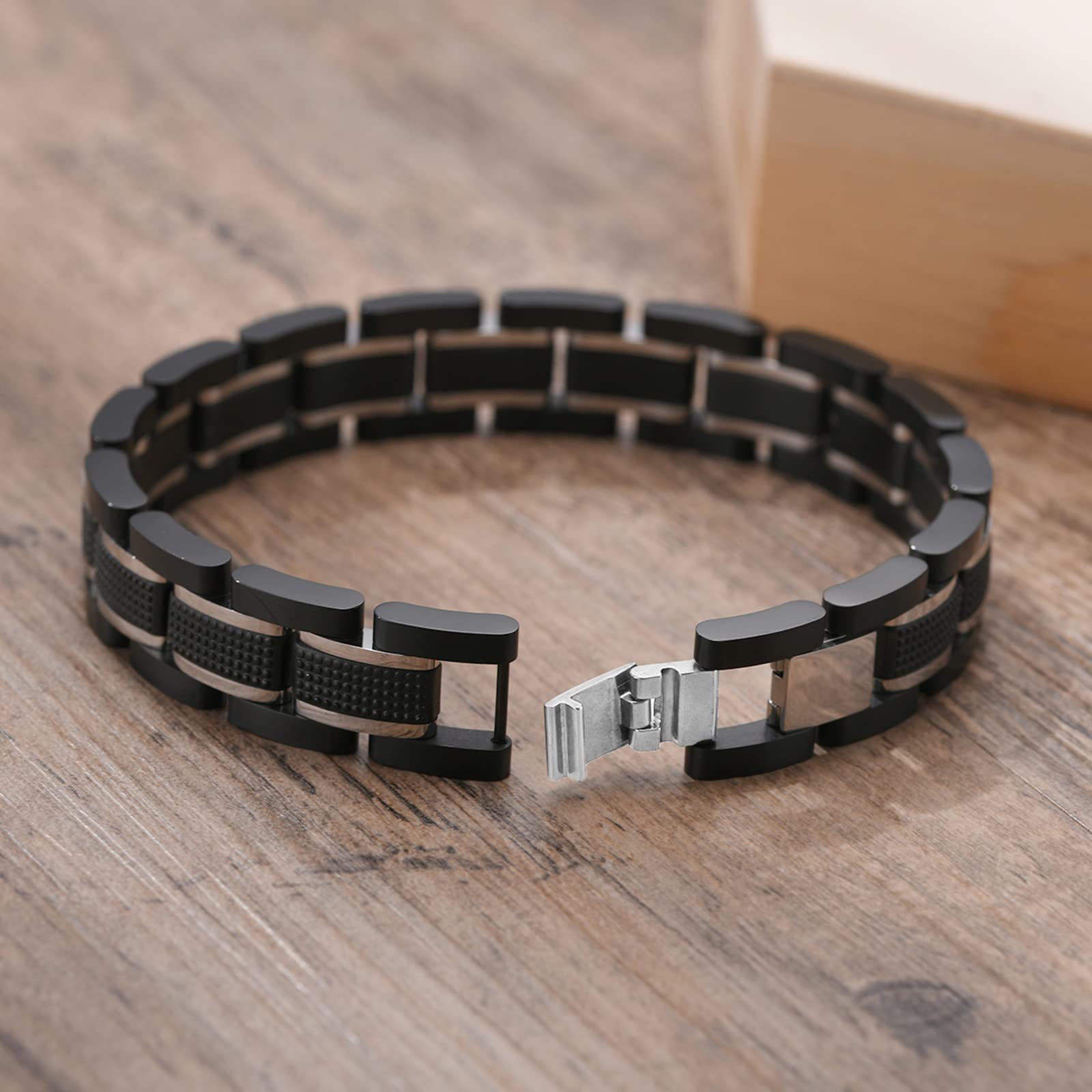 VNOX Custom Personalized Elegant Stainless Steel Two-Tone Blue&Black Link Bracelet for Men Husband Dad Son Gift,8.2"/8.6"