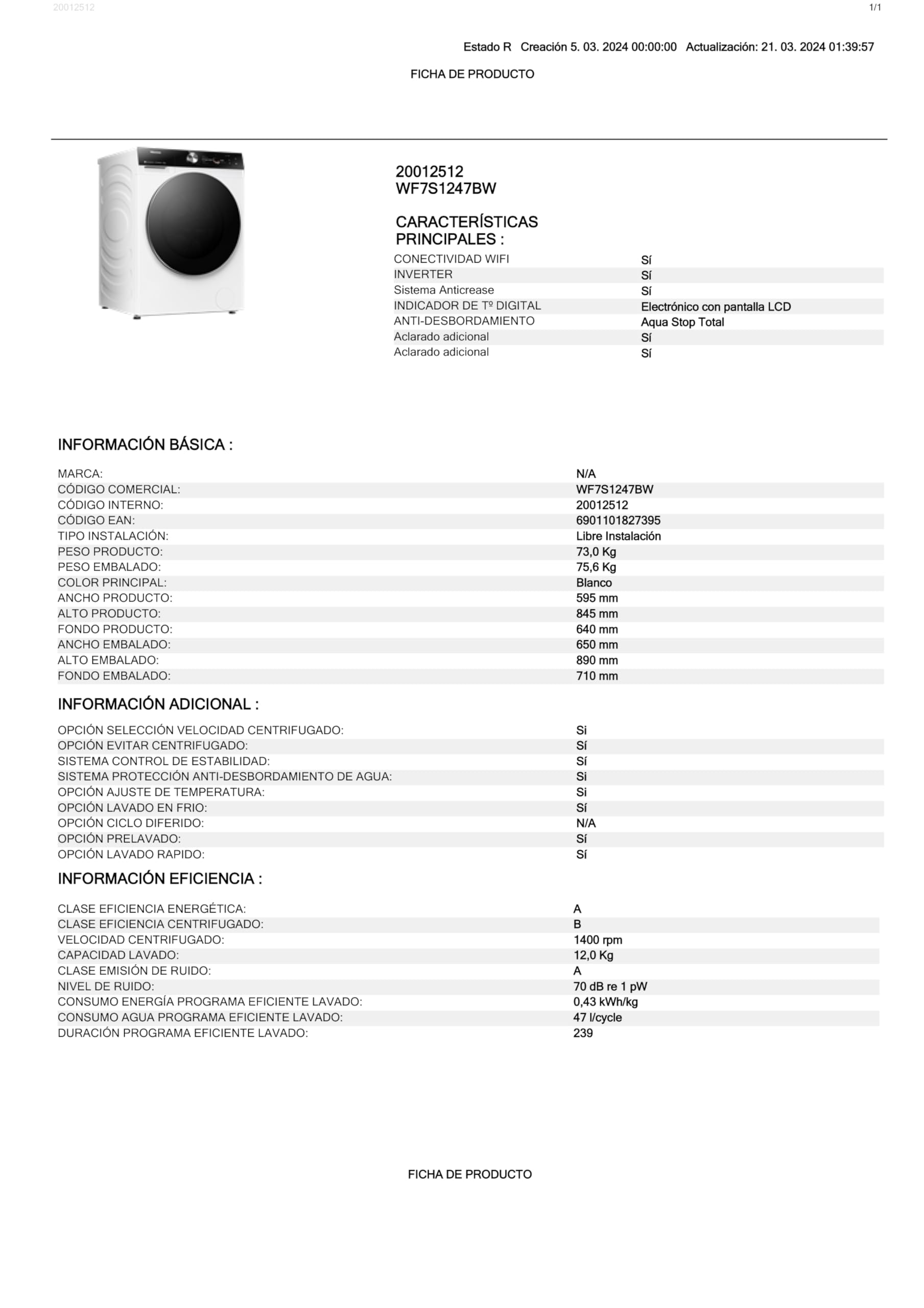 Hisense WF7S1247BW - Lavadora, Clase A, 12 Kg, Pantalla Táctil, Auto Dosificación, Conectividad WiFi, Monitor de Consumo, Lavado Rápido 15', Finalización Diferida, Blanco