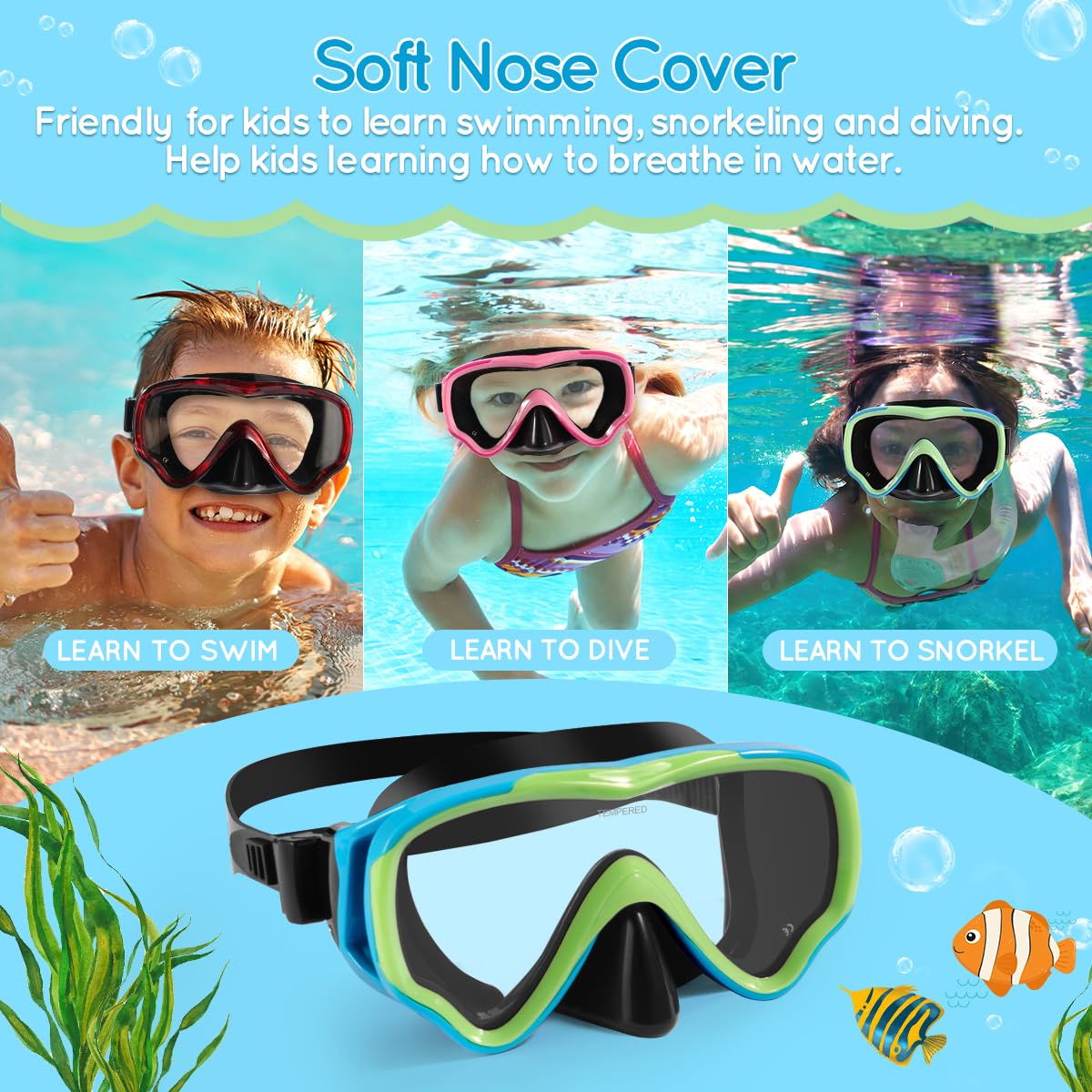 Máscara de buceo para niños, antivaho y antifugas, gafas de esnórquel, impermeables, duraderas, de vidrio templado para niños de 4 a 14 años de edad
