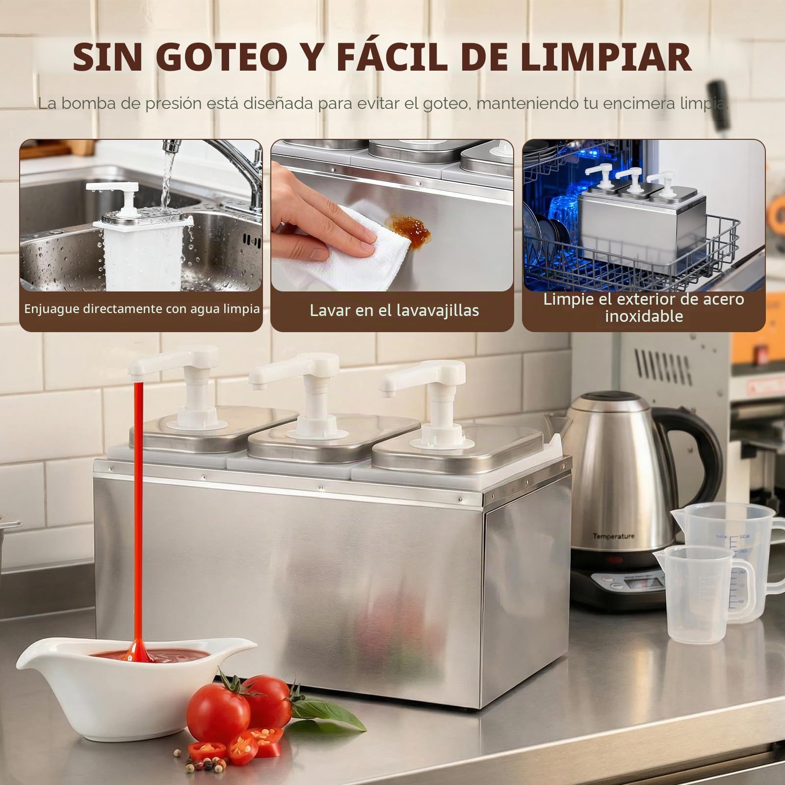 Dispensador de salsa, dispensador de salsa, bomba, 3 cabezas, 4 l, dispensador de ketchup, dispensador de bomba, dispensador de mostaza, dispensador de tomate, mayonesa, mostaza, miel