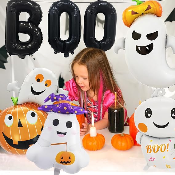 7 Pieces Halloween Ghost Pumpkin Boo Balloons Set, Large Cute Happy Boo Day Foil Mylar Balloons for Halloween Birthday Ghost Themed Backdrop Party Decorations