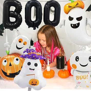 7 Pieces Halloween Ghost Pumpkin Boo Balloons Set, Large Cute Happy Boo Day Foil Mylar Balloons for Halloween Birthday Ghost Themed Backdrop Party Decorations