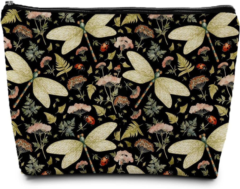 Vintage Floral Dragonfly Makeup Bag, Dragonfly Gifts Cosmetic Bags for Women, Dark Cottagecore Floral Botanical Insects Portable Travel Toiletry Bag Zipper Makeup Pouch