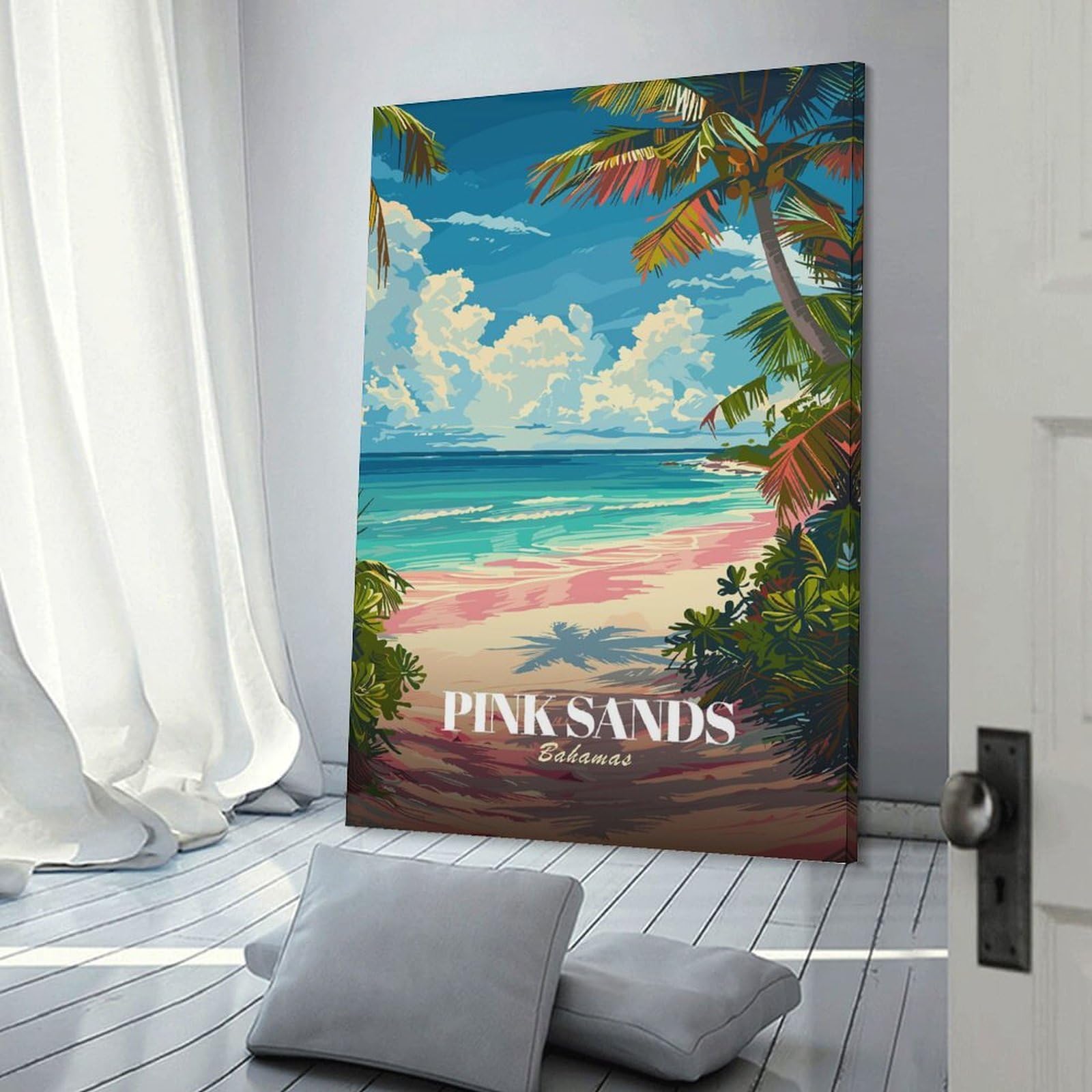 Junmoney Frame-Style-21 Pink Sands Bahamas Travel Poster Decorative Wall Artwork 24X36inch(60X90cm), For Corridors, Hallways Or Apartment Entries, Home Artwork For First Impressions