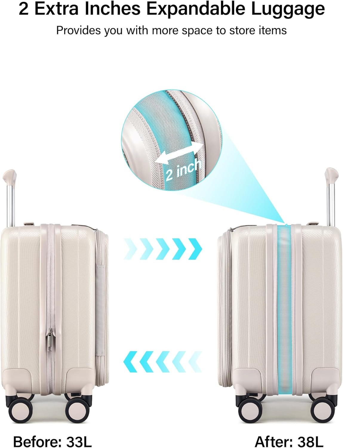 Hanke 16 Inch Expandable Under Seat Luggage with Wheels Top Opening Small Suitcase with Wheels Carry On Luggage Airline Approved Lightweight Hard Shell Suitcases for Weekender Overnight-Ivory White - Image 3