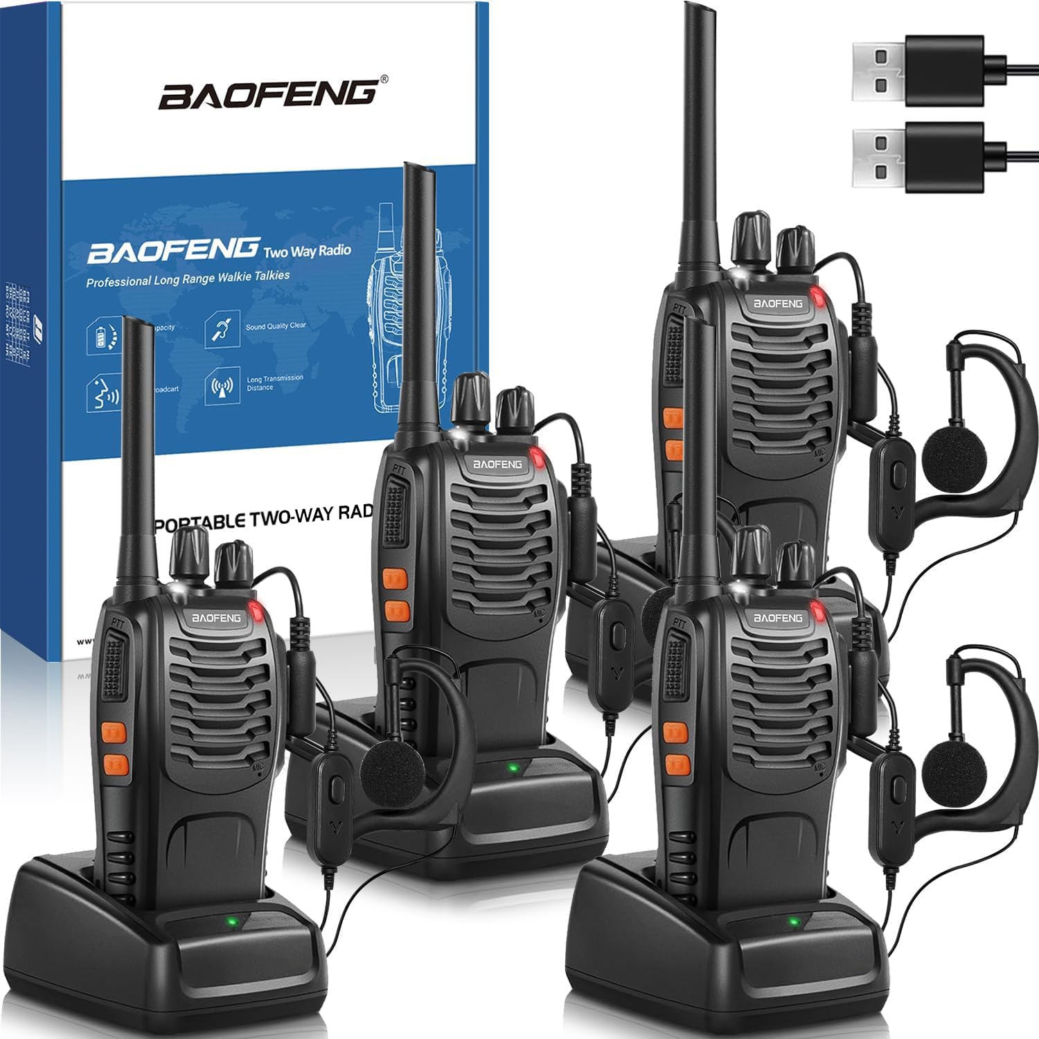 Professionelles Walkie-Talkie für Erwachsene mit extrem großer Reichweite wiederaufladbarem Akku 16 Kanälen USB-Ladegerät und Kopfhörern mit VOX-Funktion (schwarz 4 Stück)