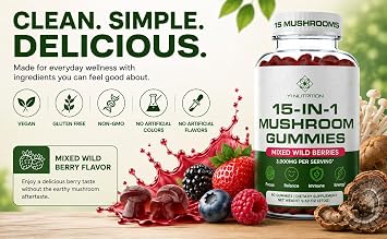 15-in-1 Sugar-Free Mushroom Complex Gummies 10:1 Extract - Lion's Mane, Cordyceps, Chaga, Reishi, Turkey Tail, Tremella & More for Memory, Focus, Immunity - 90 Wild Berry Gummies