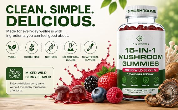 15-in-1 Sugar-Free Mushroom Complex Gummies 10:1 Extract - Lion's Mane, Cordyceps, Chaga, Reishi, Turkey Tail, Tremella & More for Memory, Focus, Immunity - 90 Wild Berry Gummies