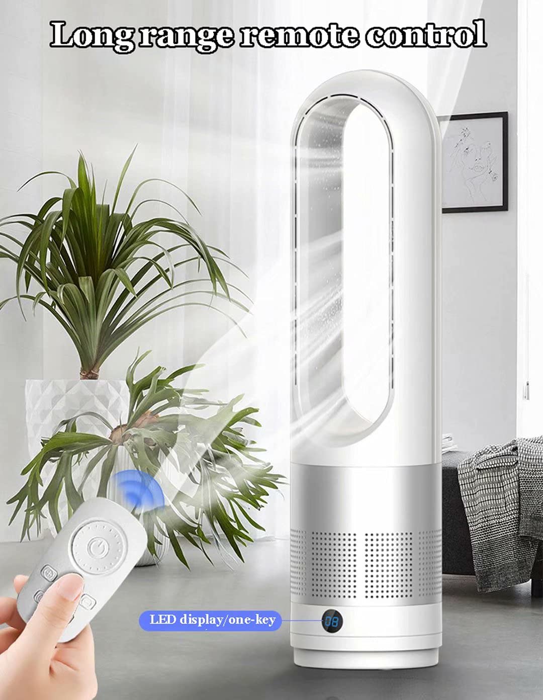 Ventilatore a torre senza pale, oscillante a 80°, con telecomando e controllo touch, 8 velocità, timer da 8 ore, ventola di raffreddamento per camera da letto e ufficio