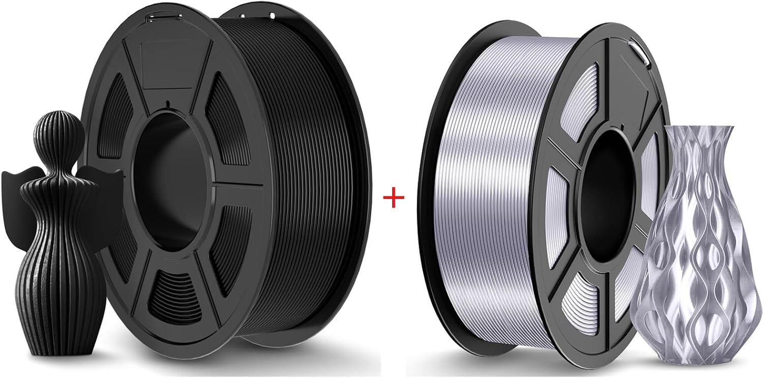 JAYO 3D Printer Filament 2.2kg, Silk PLA Filament and PLA+ Filament Fit Most FDM 3D Printers,1.1kg per Spool, Pack of 2, Silk Silver+PLA+ Black