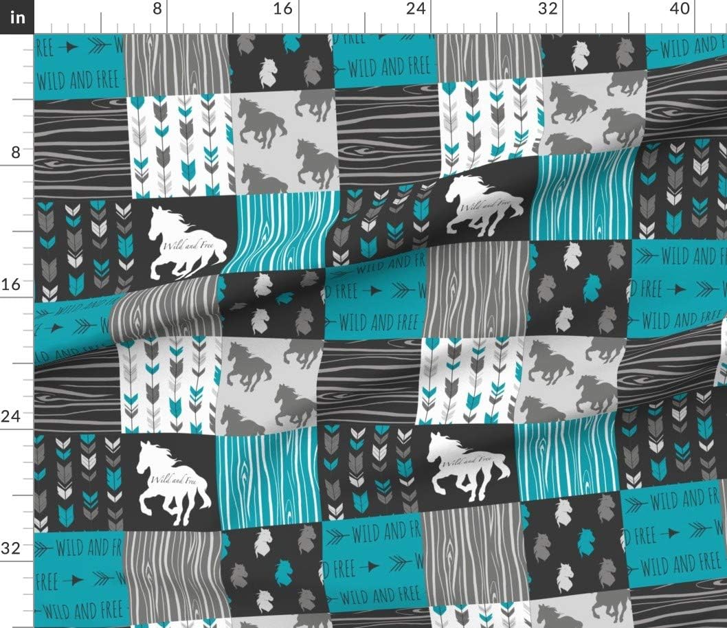 Spoonflower Fabric - Horse Patchwork Teal Black Gray Wild Horses Free Wholecloth Cheater Printed on Petal Signature Cotton Fabric by The Yard - Sewing Quilting Apparel Crafts Decor