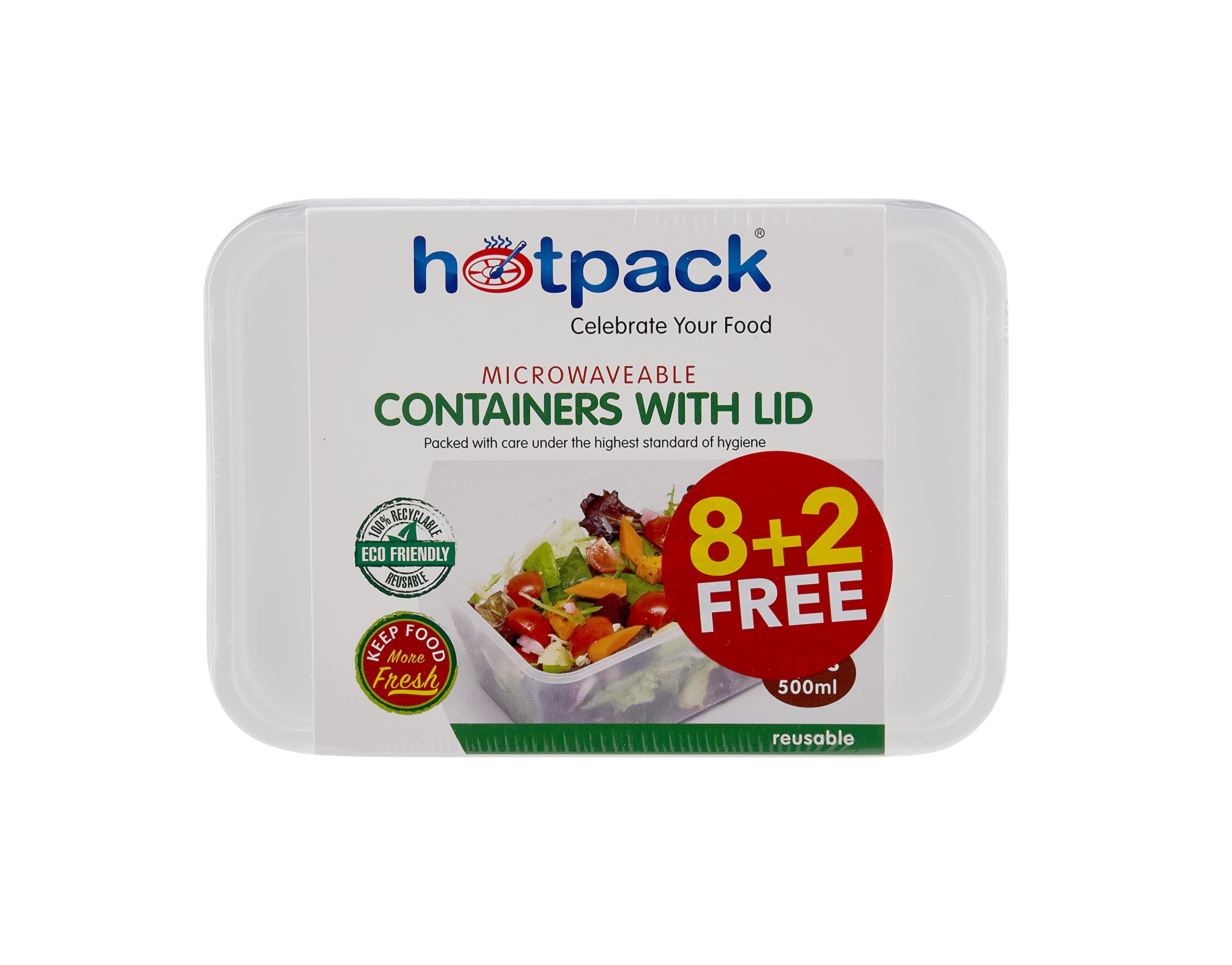 Hotpack Microwavable Container with Lid Rectangular 500ml 8+2 FREE