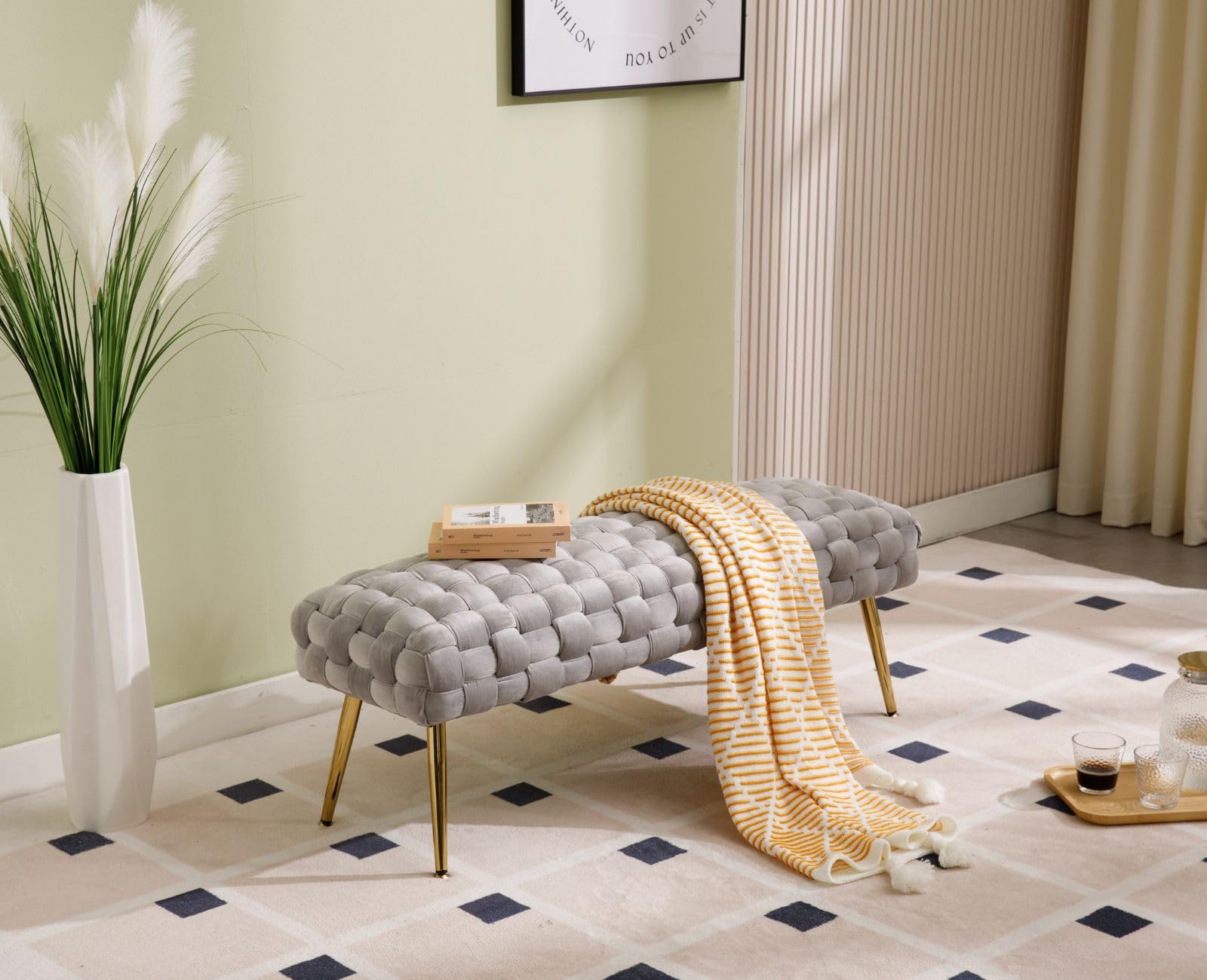 Ya-Home Banquette en Velours Banc Entrée Bout de Lit avec Pieds en Métal Doré Banc Ottoman pour Chambre Salon, Gris