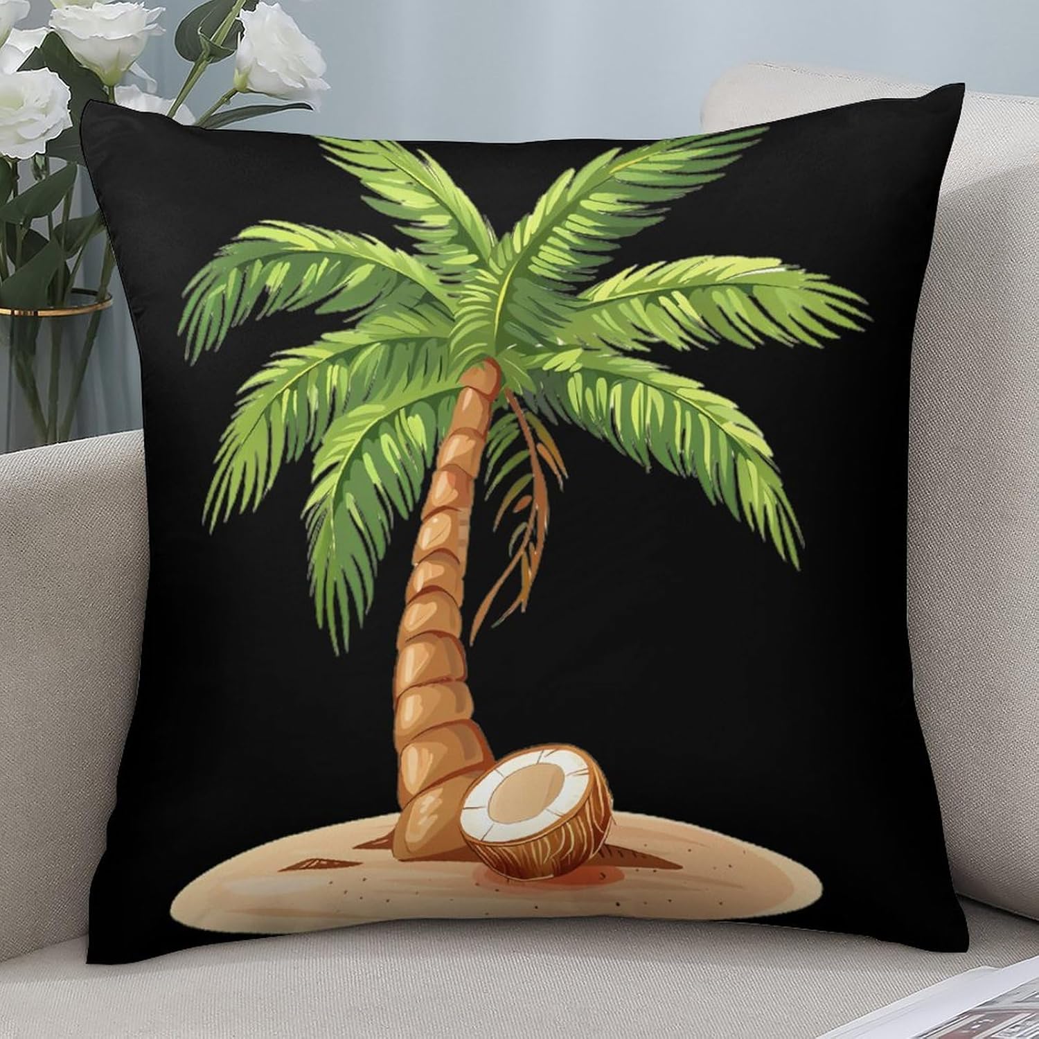Palm Tree with Coconut Printed Throw Pillow Case 4 Pcs Soft Pillowcases Pillows Covers Sofa Bed Decor 12/14/16/17/18/20/22/24/32 Inches