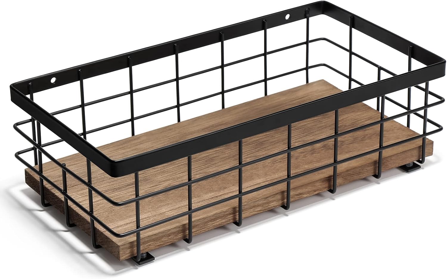 TJ.MOREE Small Metal Wire Basket, Decorative Wood Base Organizer for Bathroom, Kitchen, Basket for Toilet Paper Storage, Sugar Packet, Coffee Syrup, Guest Towel, Napkin