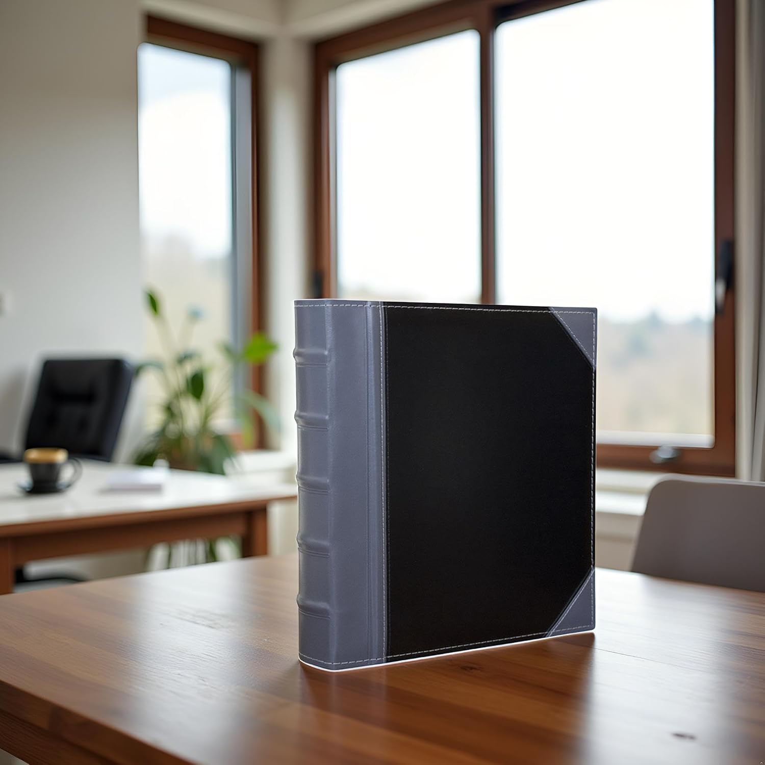 Executive Binder, English Leather 2 Tone with Stitching and Ribbed Spine, Heavy Duty 1.1/2" Inch 3 D-Ring with Buster, Holds 350 8.5"x 11" Sheets (Grey)