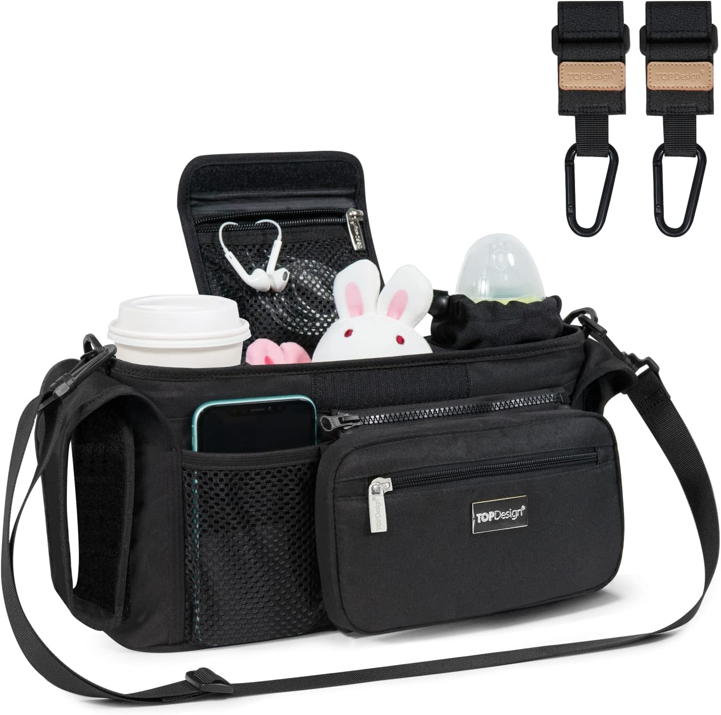 TOPDesign Universal Baby Stroller Organizer, Stroller Caddy with Heightened Insulated Cup Holders & Non-Slip Secure Hooks Accessories, Fits Most Strollers, Machine Washable (Black)