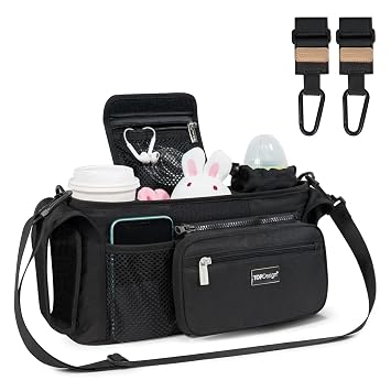 TOPDesign Universal Baby Stroller Organizer, Stroller Caddy with Heightened Insulated Cup Holders & Non-Slip Secure Hooks Accessories, Fits Most Strollers, Machine Washable Black