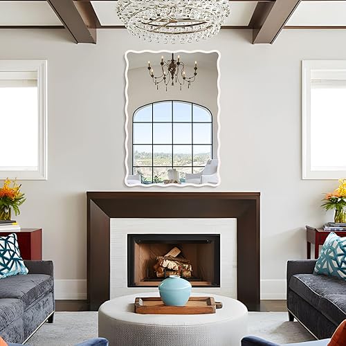 Miniatura 6 de Espejo de baño ondulado blanco de 24 x 36 pulgadas, espejo festoneado rectangular para decoración de pared, tocador de baño, dormitorio, sala de