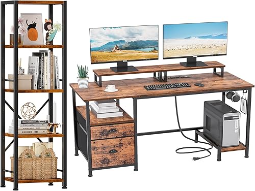 Furologee Escritorio para computadora de 47 pulgadas y estantería de 5 niveles, escritorio de oficina con cajón y tomas de corriente, estantería