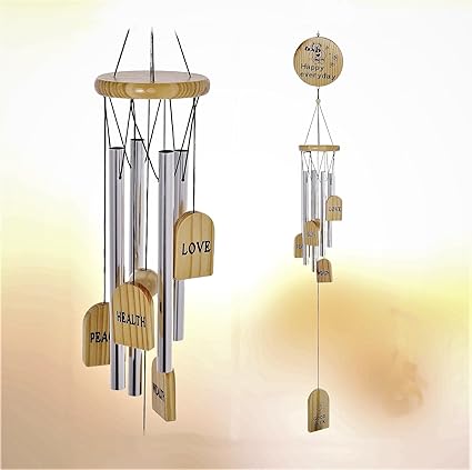 Lilone Happy Everyday Silver Wind Chimes with 4 Aluminium Pipes, 75cm Long, Good Sound, Wood Tags Love, Peace, Health Wealth, Good Luck