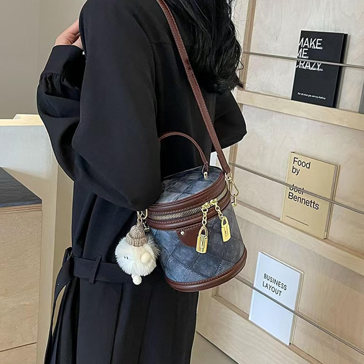 Bucket Bag,Checkered Crossbody Bag,Blue Clutch Purses for Women,Denim Purses for Women