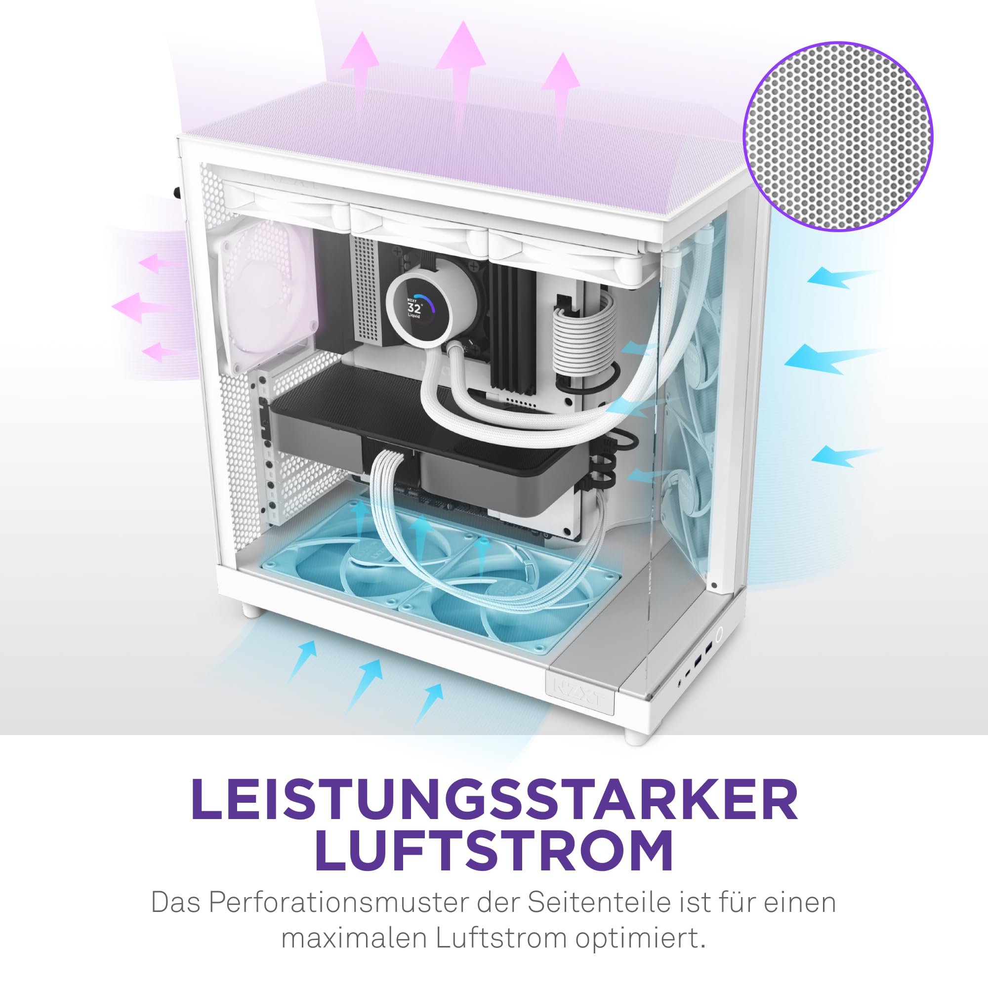 NZXT H6 Flow, CC-H61FW-01, Kompaktes Mid, Tower Gehäuse mit Zwei Kammern, Glaspaneele mit Panoramablick, Hochleistungs,Airflow,Panels, Inklusive 3 x 120 mm Lüfter, Weiß