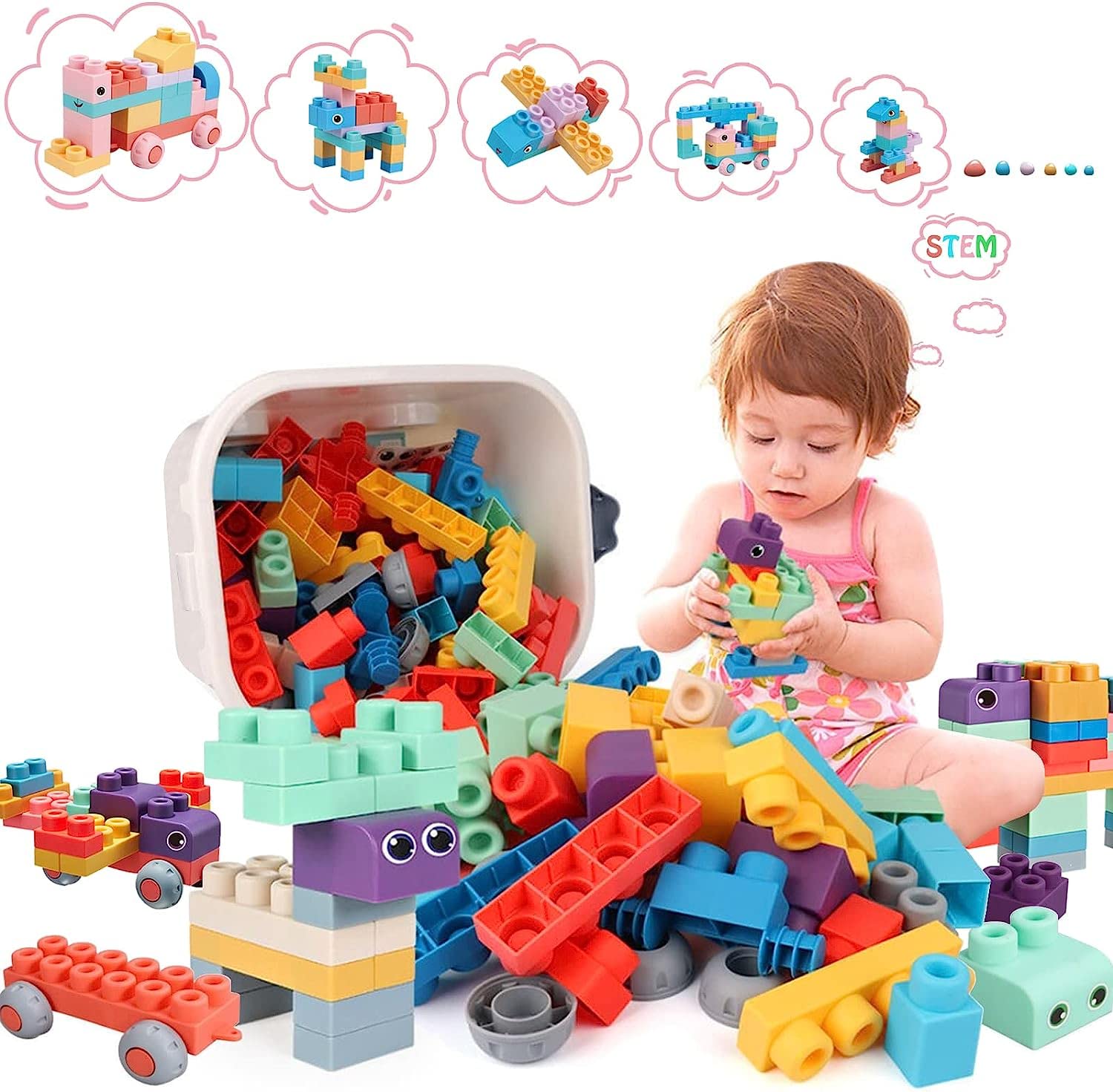AM ANNA Soft Building Blocks Toys,80 Pcs Build Blocks Sensory Toys for Kids STEM Educational Sets Learning&Development Toys Stacking Block Kit Educational Infant Blocks for Toddlers Baby 1-5 Years Old