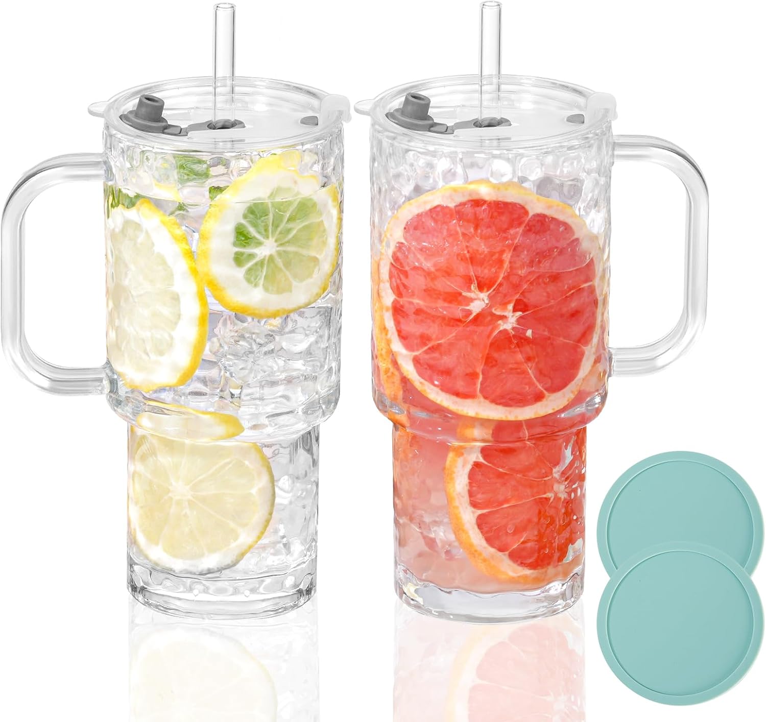 17oz Water Glass Tumbler with Handle & Lid, Reusable Iced Coffee Cups with Straws – Set of 2, Glass Cups Travel Mug for Smoothies, Juice, Coffee, Tea hammer texture-17oz-2pack